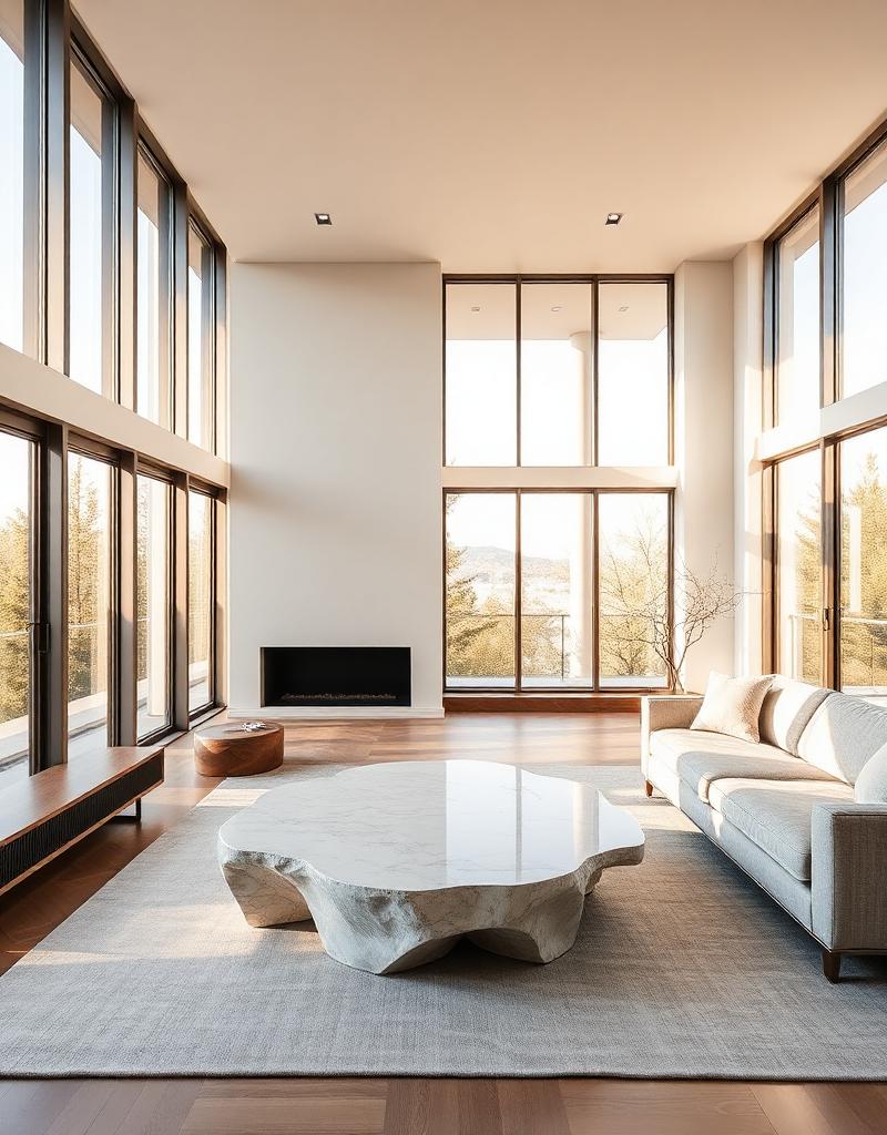 Light-filled living room with sculptural travertine table designed by Serka Production